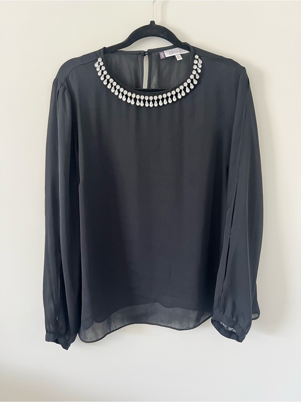 Jennifer Lopez Black Jeweled Neck Long-Sleeve Blouse